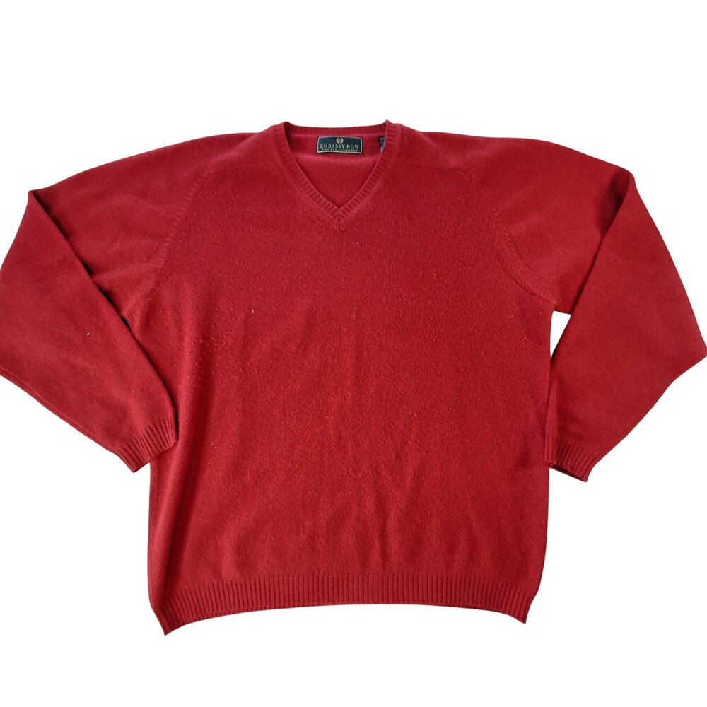 Embassy Row Sweater Mens Large Red V Neck Two Ply Cashmere Knit Pullover Soft